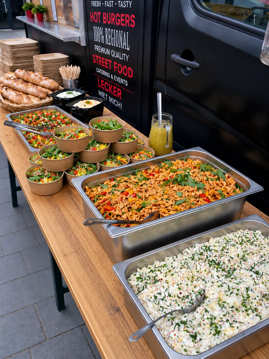 Buffet am La Tapita Foodtruck mit Reis, Salaten und Beilagen