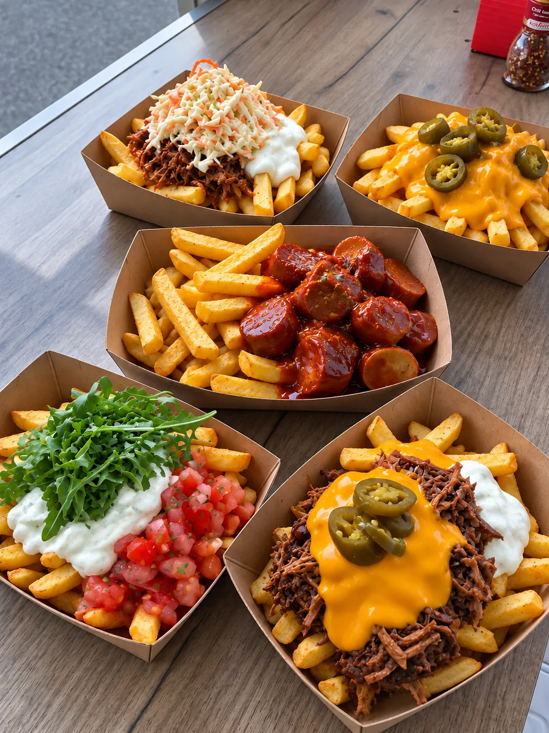 Auswahl an Loaded Fries in Snackschalen aus der Frittenschmiede